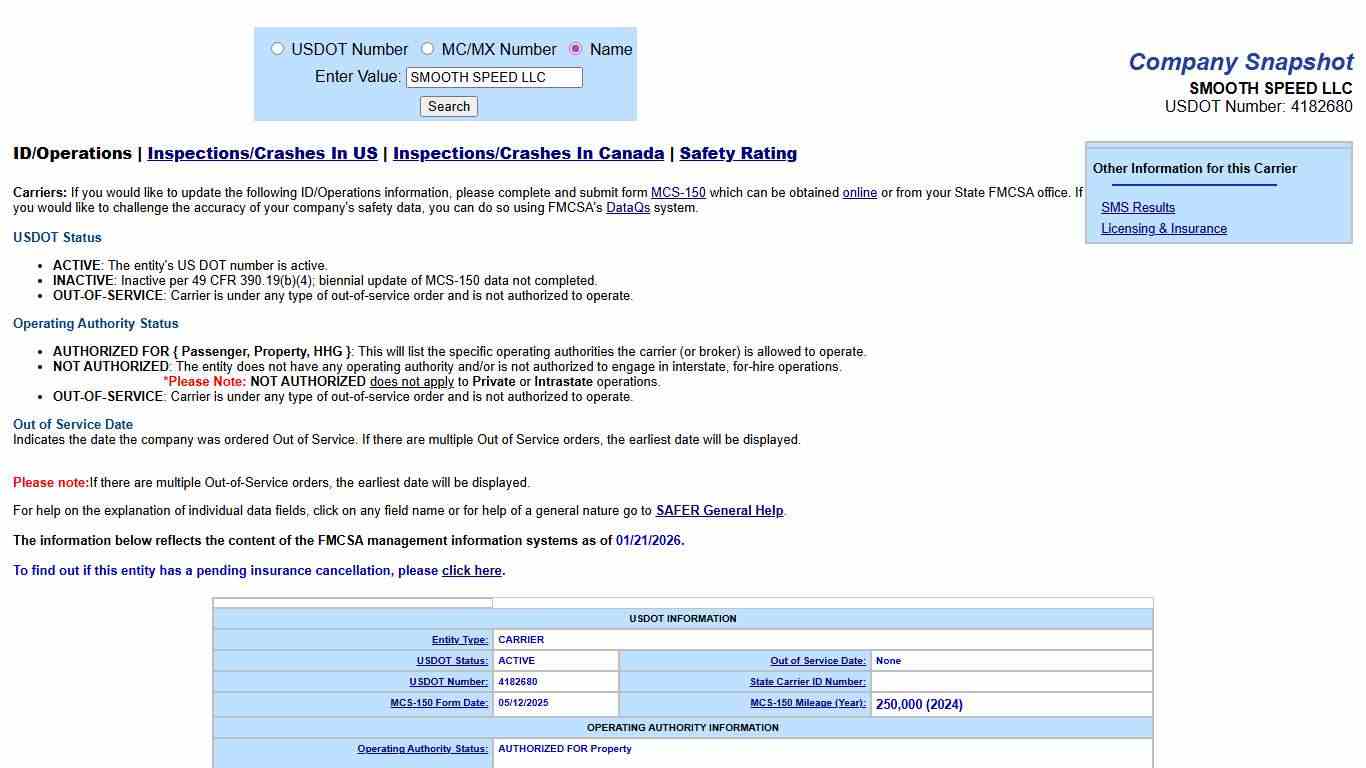 SAFER Web - Company Snapshot SMOOTH SPEED LLC